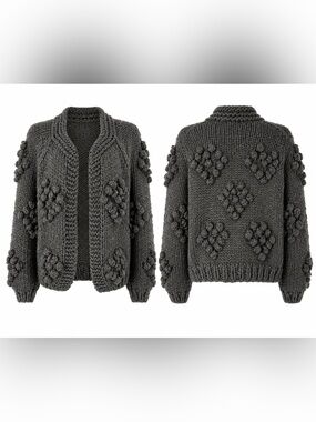 Chunky Bobble Knit Cardigan Gray Open Front Cozy Cottagecore Sweater - S